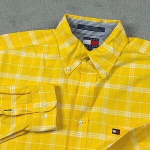 Tommy Hilfiger Mens Yellow Plaid Button Down Shirt Long Sleeve Cotton Size M